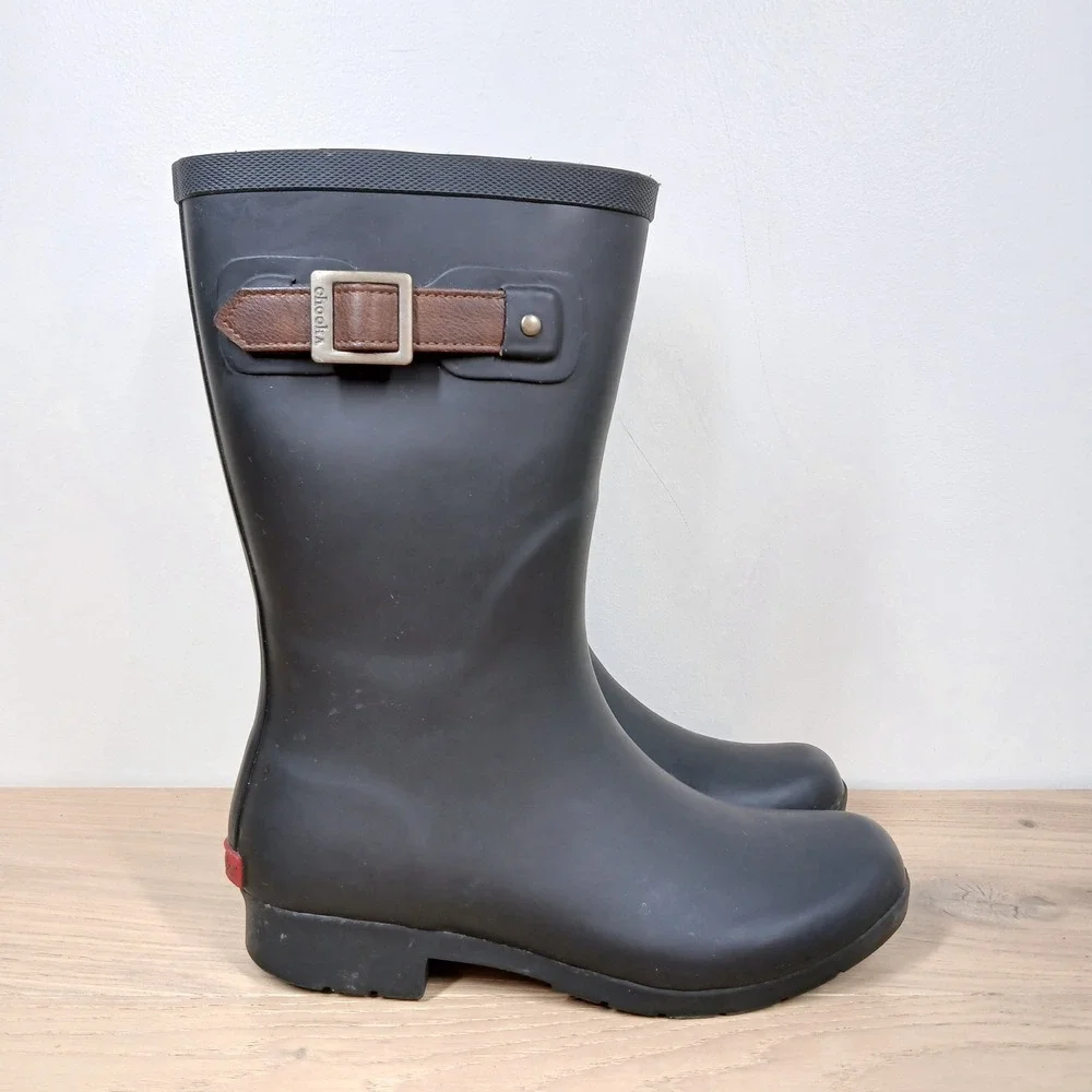 Chooka Rain Boots Womens 7 Black Waterproof Rubber Mid Calf Buckle Matte Finish